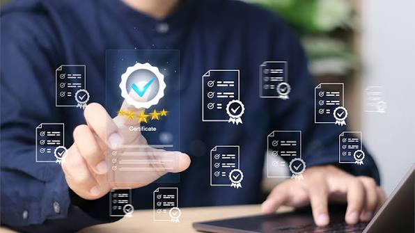 Person selecting a verified digital credential badge among floating certificate icons
